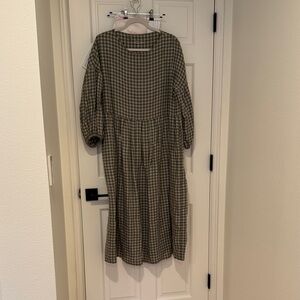 Simply grey linen Olivia smock dress in green/natural check, size S/M